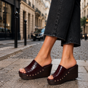 SABOT COMPENSÉ EFFET CROCO AVEC DÉTAILS DORÉS POUR UNE TOUCHE CHIC