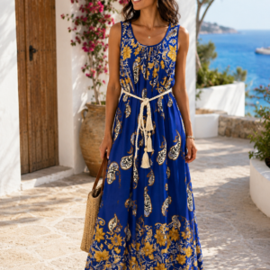 ROBE SANS MANCHE IMPRIMEE A CORDON BEIGE