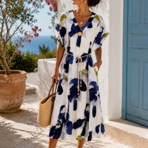 ROBE COURTE IMPRIMEE COL V A BROCHE